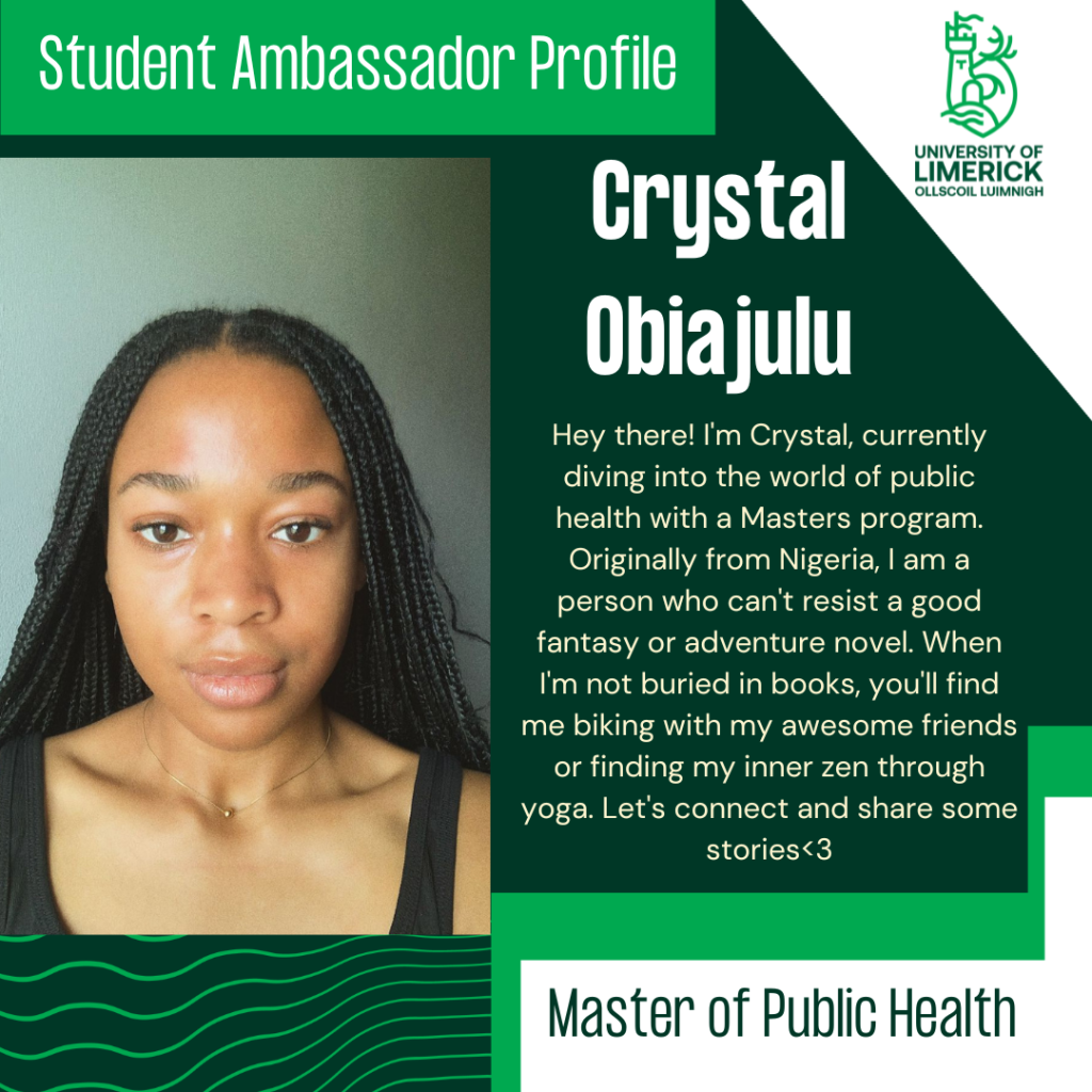 Crystal Obiajulu. Hey there! I'm Crystal, currently diving into the world of public health with a Masters program. Originally from Nigeria, I am a person who can't resist a good fantasy or adventure novel. When I'm not buried in books, you'll find me biking with my awesome friends or finding my inner zen through yoga. Let's connect and share some stories